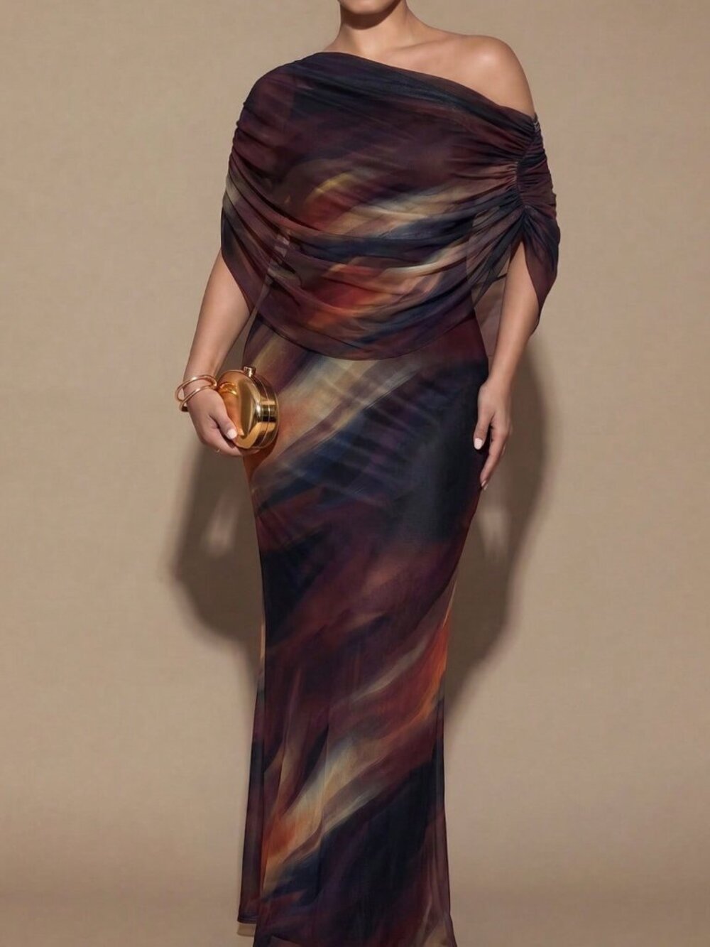 Brown Elegant Women's Plus Size Long Ruched Dress